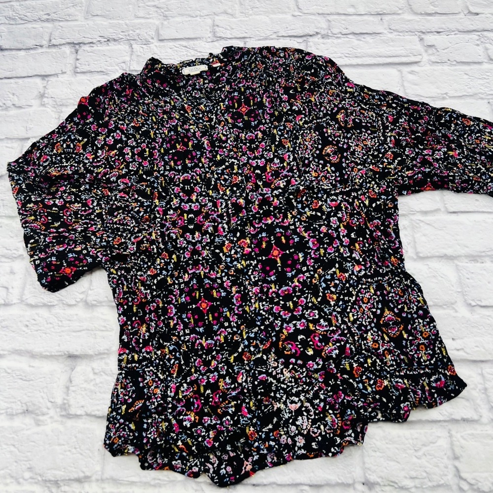 Fat Face Womens Black Floral 3/4 Sleeve Round Neck Top Size S Comfort Casual